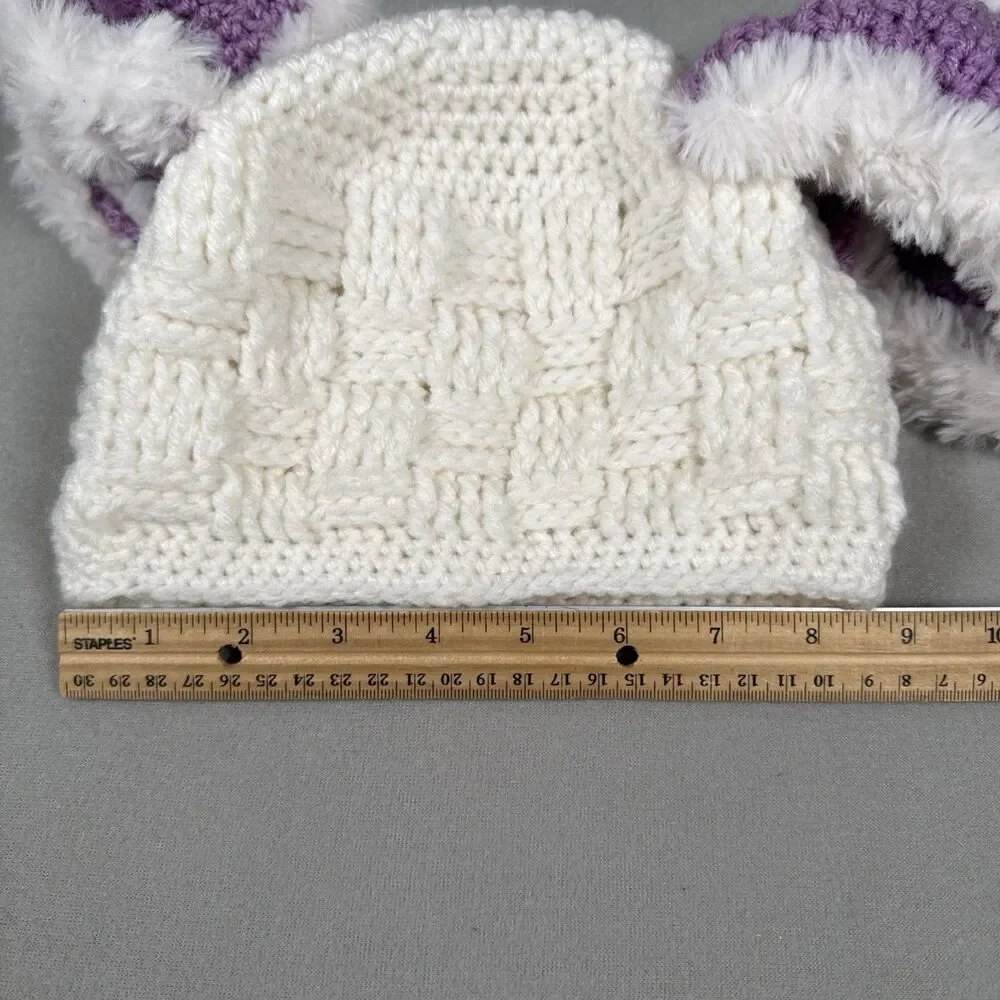 Girls Handmade Bunny Ears Hat With Bow Crocheted WHITE PURPLE